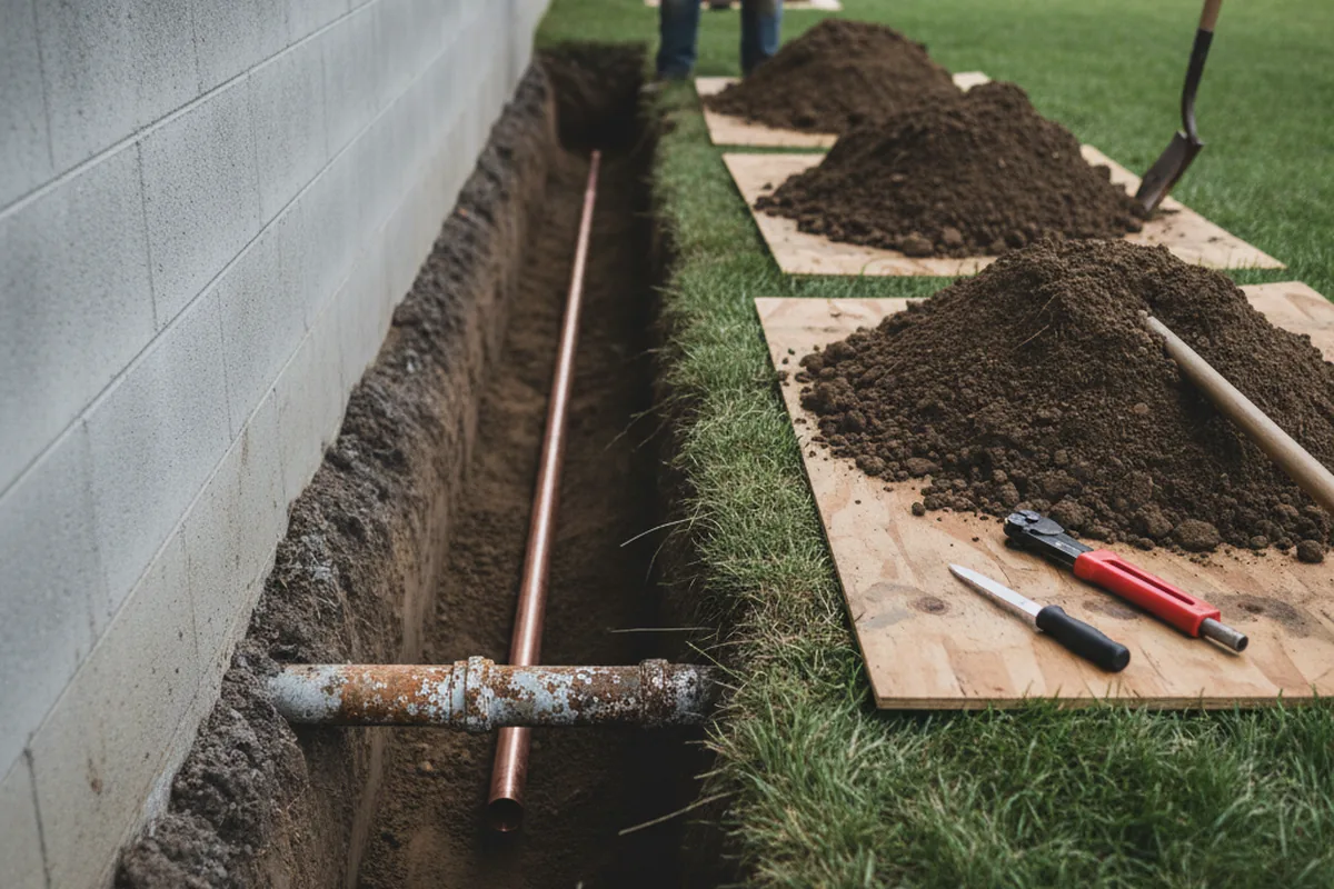 Excavated water line trench during Sewer Line Repair in Suwannee
